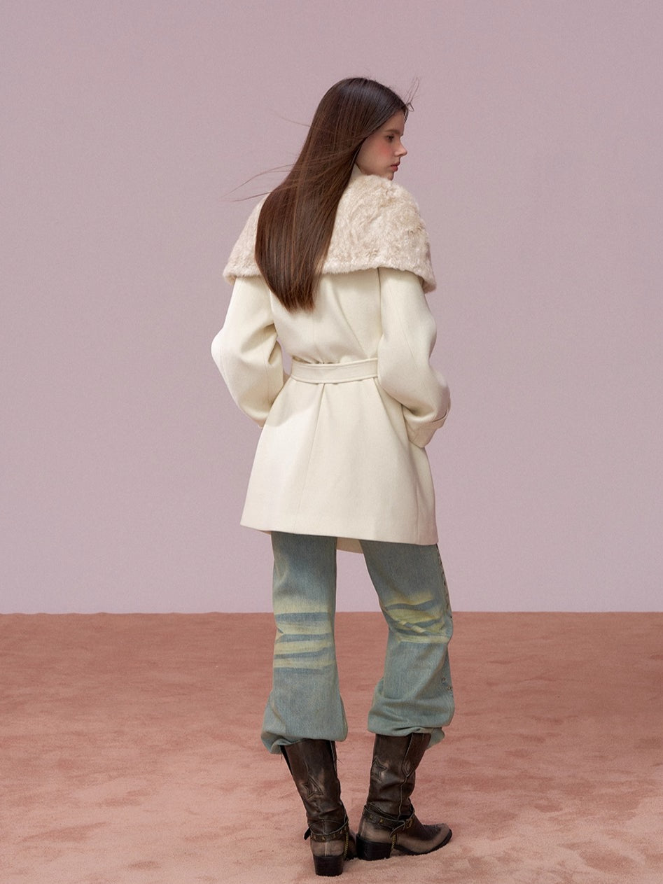 Fur Collar Cape-Style Wool Coat