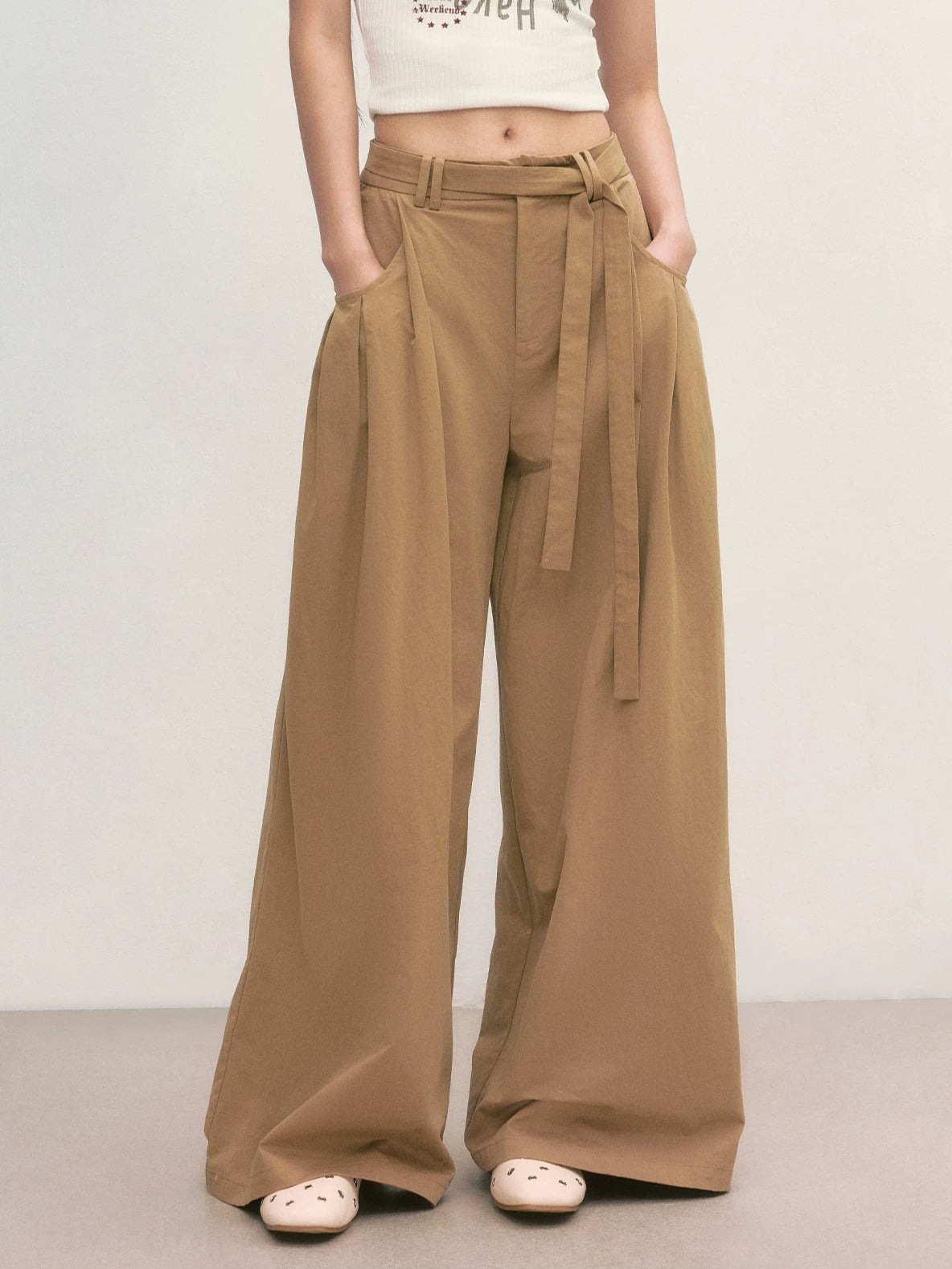 Khaki Tie-Waist Wide-Leg Pants