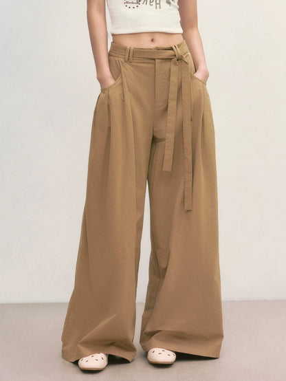 Khaki Tie-Waist Wide-Leg Pants