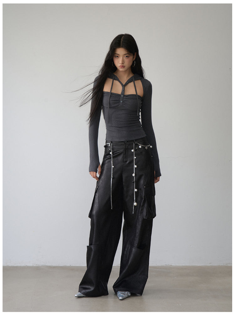 Hooded Hollow-out Long-sleeved T-shirt