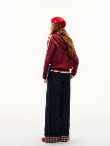 Blue &amp; Red Embroidered Knit Hoodie