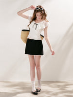 Contrast Bow V-Neck Ruffled Top