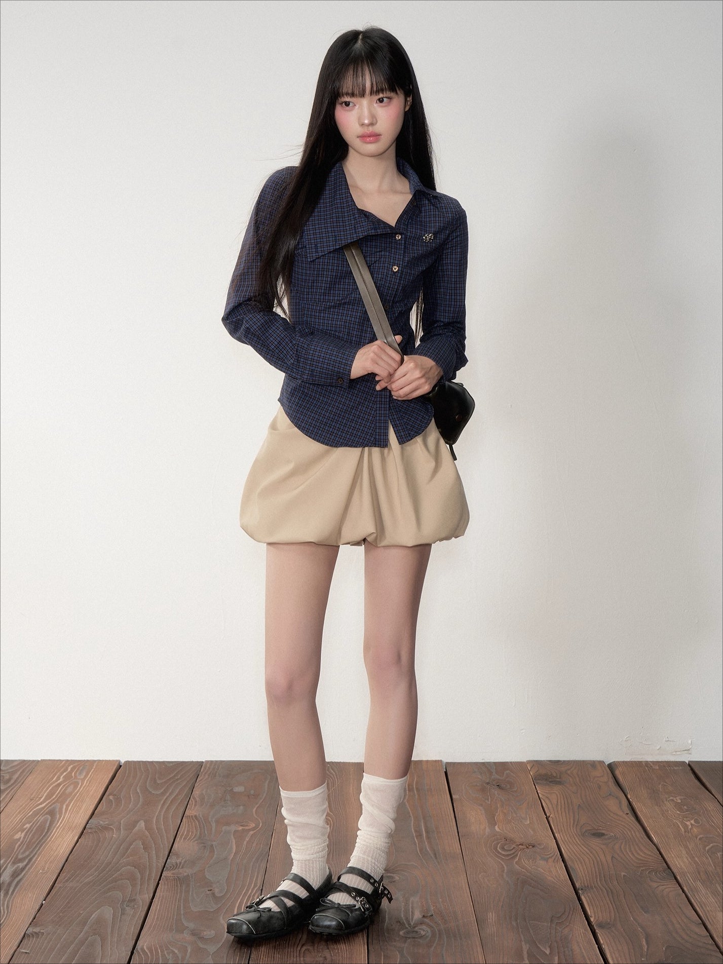 Khaki &amp; Navy Blue Pleated A-Line Skirt