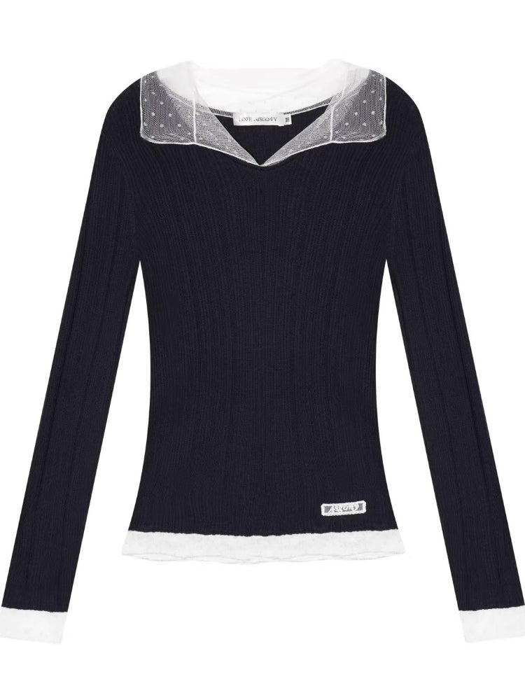 Polka Dot Mesh Wool Blend Knit Top