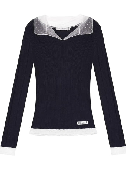 Polka Dot Mesh Wool Blend Knit Top