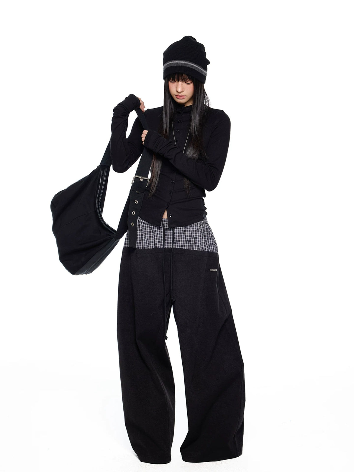 Plaid Drawstring Wide Leg Pants