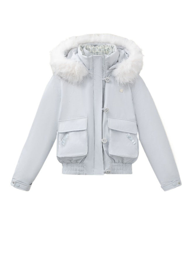 “Flowing Glacier” Patchwork Down Jacket with Fur Collar