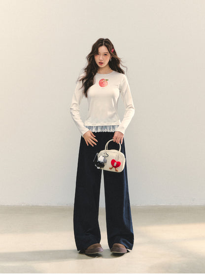 Fruit Print Lace-spliced T-Shirt