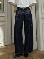 Embroidered Curved Wide-Leg Jeans