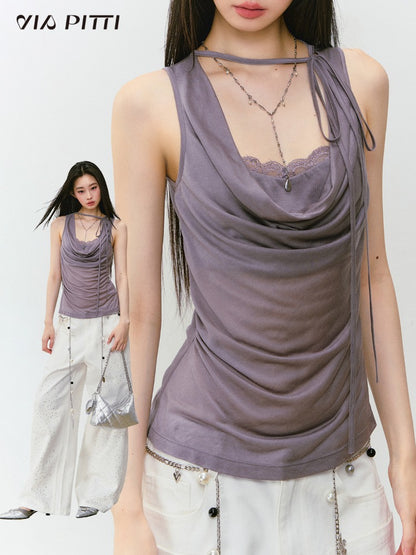 Fake Two-piece Spliced Lace Swing-neck Tank Top