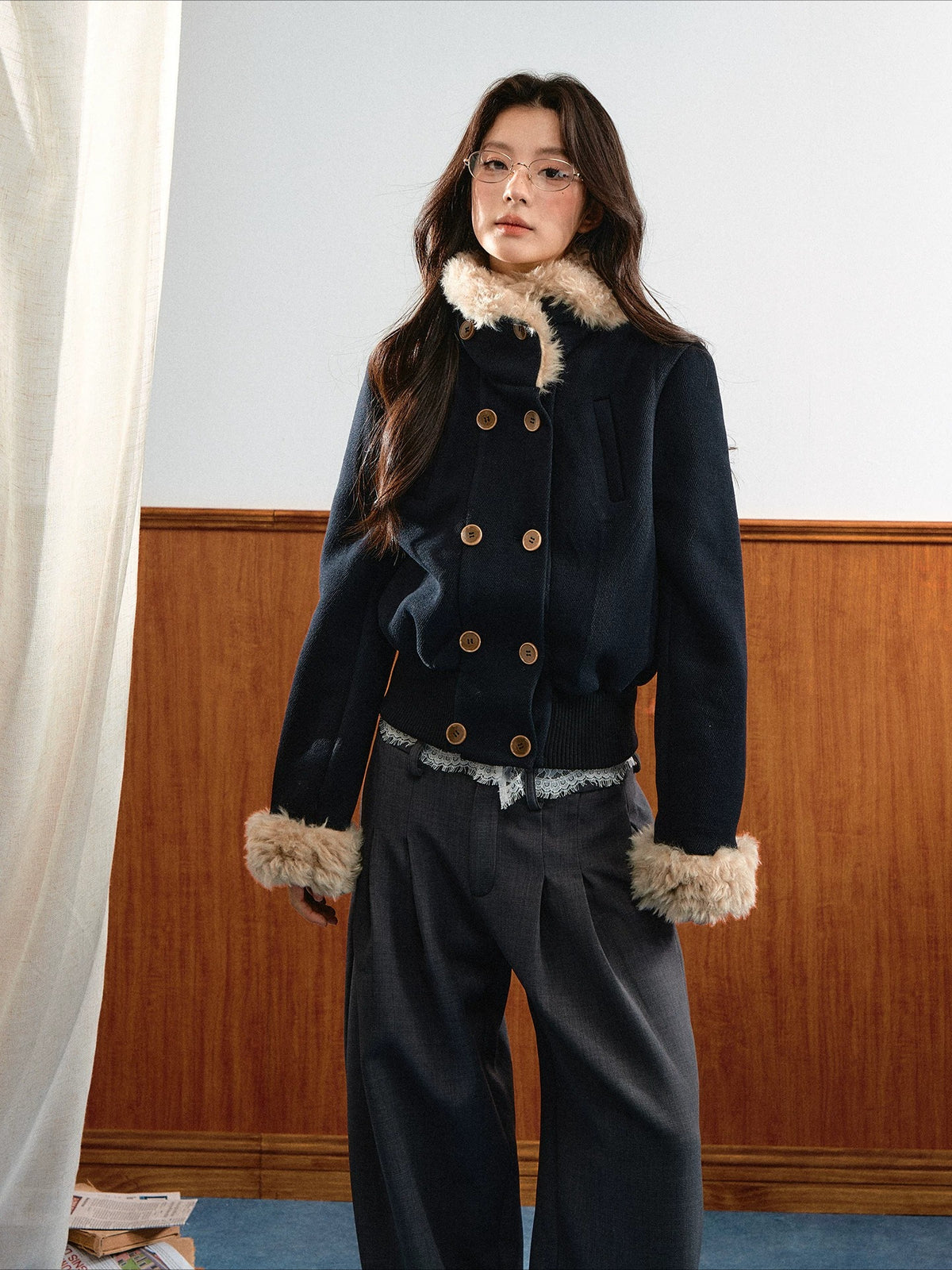 Navy Blue Vintage Faux Fur Collar Jacket