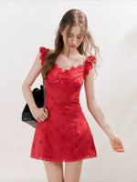 Red Embroidered Ruffle Dress
