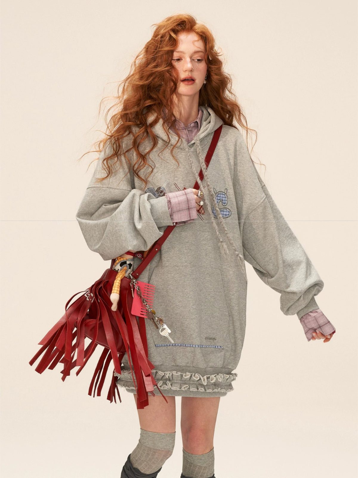 Plaid Embroidered Hooded Sweatshirt Dress