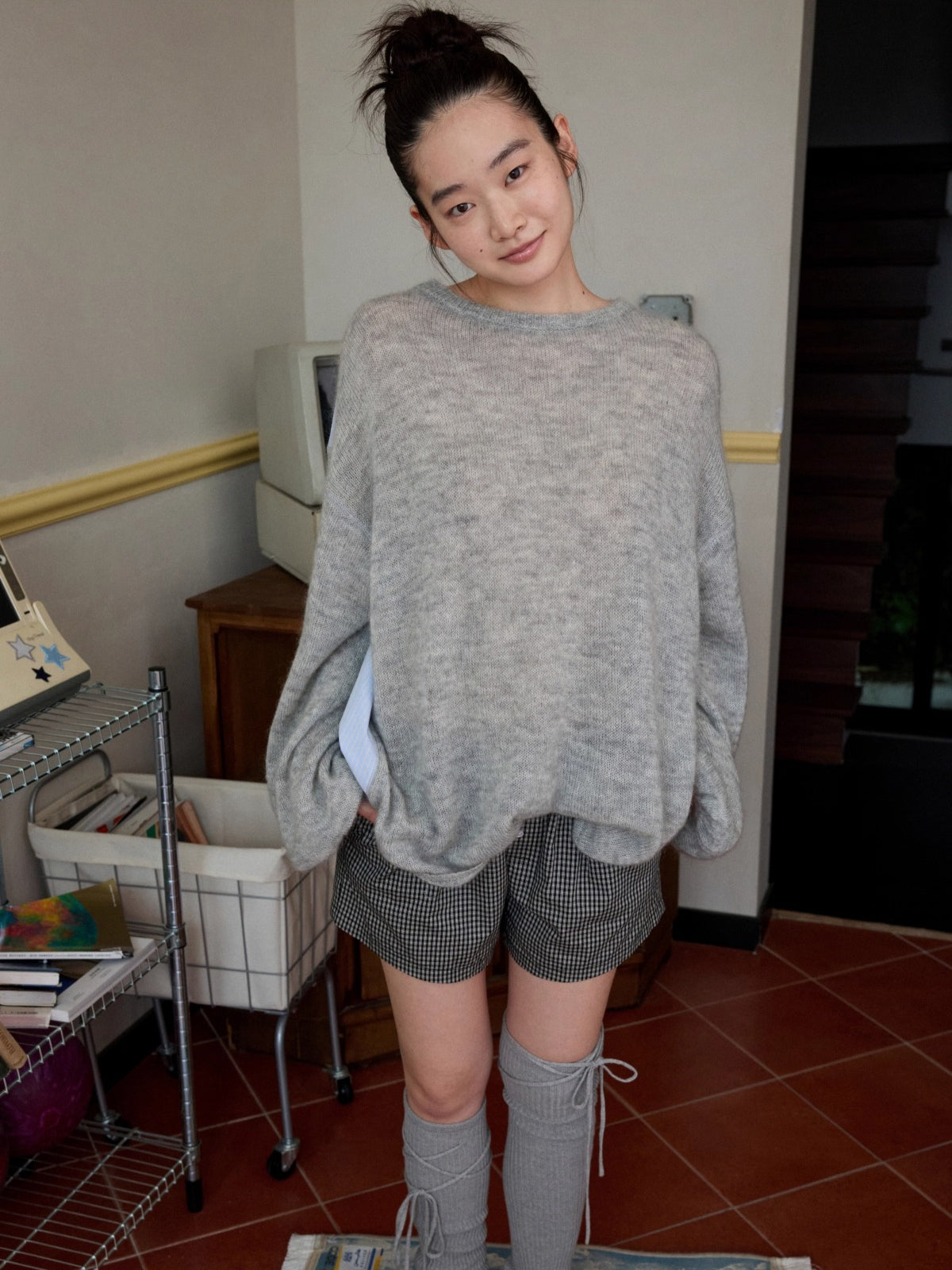 Oversized Mohair Shirt-Panel Knit Sweater