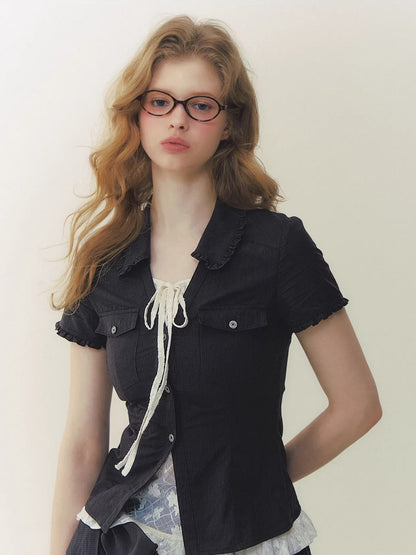 Black &amp; Pink Lace Panel Waist Shirt