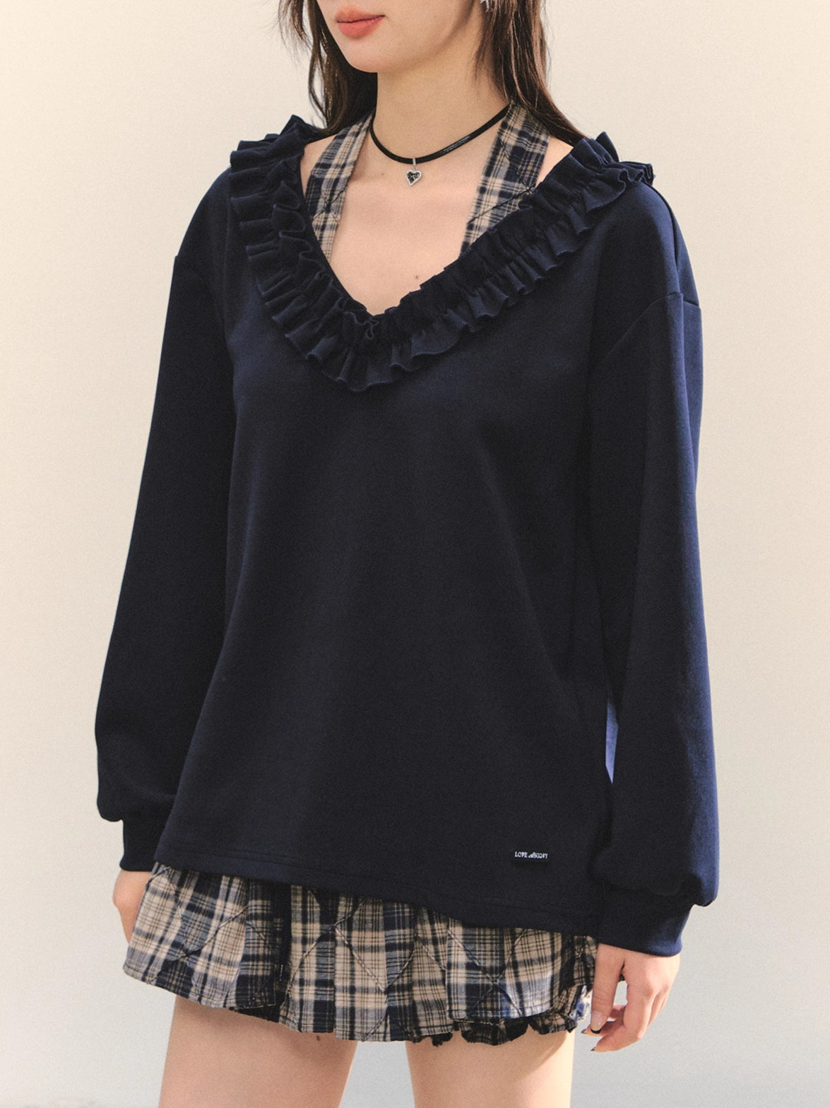 Navy Blue Plaid Halter Ruffle Sweatshirt &amp; Skirt set