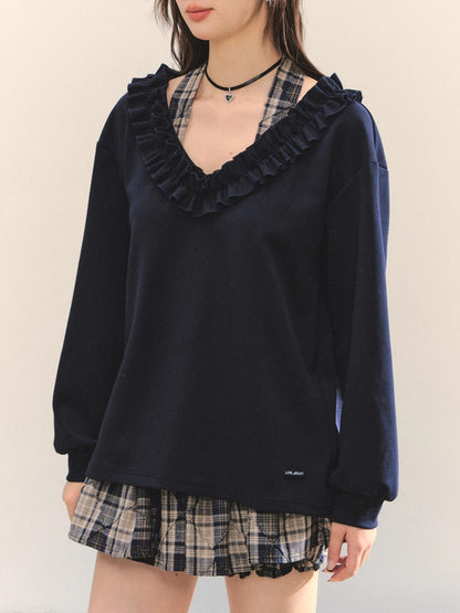 Navy Blue Plaid Halter Ruffle Sweatshirt &amp; Skirt set
