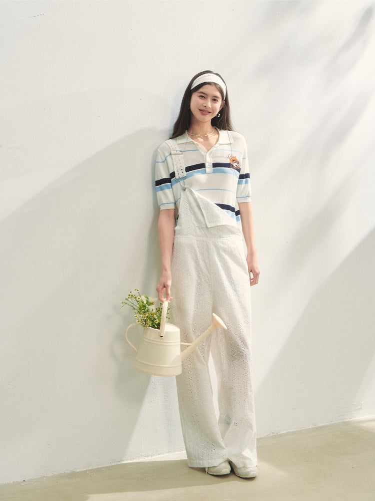 Embroidered Striped Knitted Short-sleeve Polo Shirt