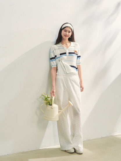 Embroidered Striped Knitted Short-sleeve Polo Shirt