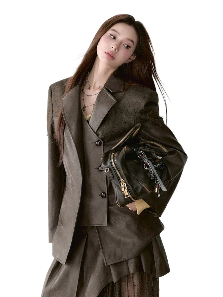 Lace Panel Oversized PU Blazer