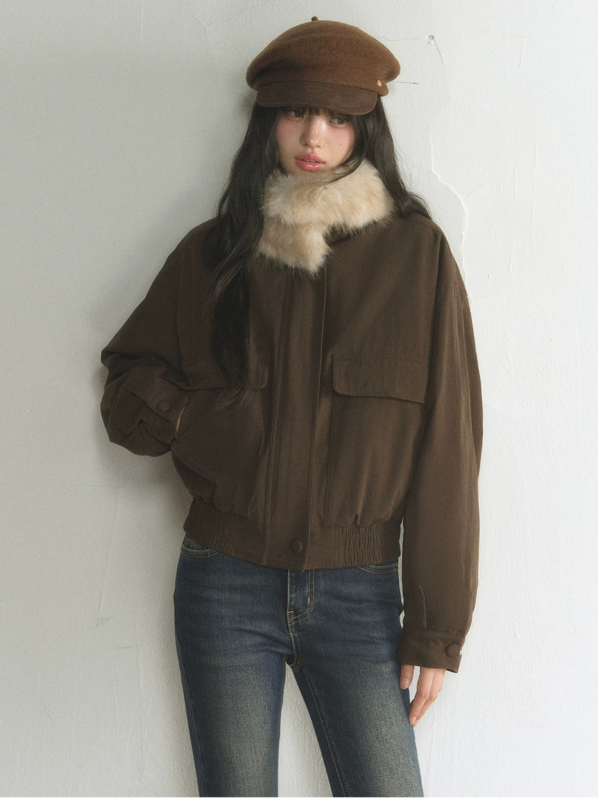 Vintage Detachable Fur-Collar Utility Jacket