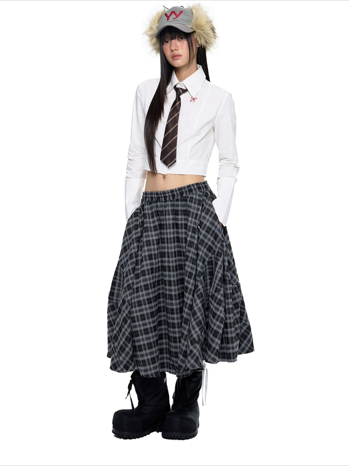 Plaid Gathered Midi Skirt