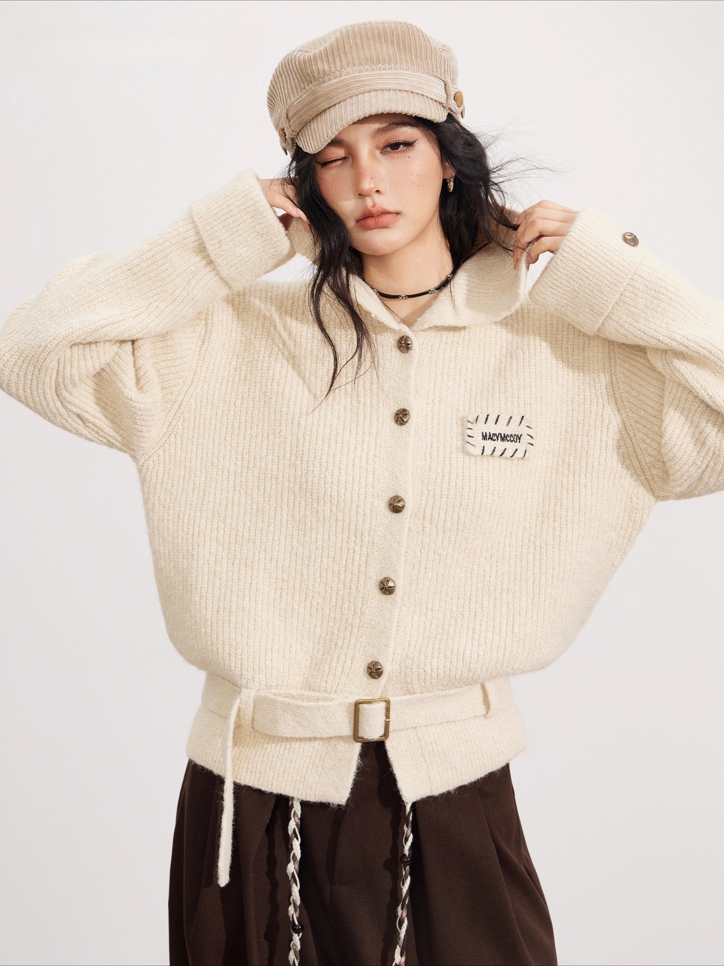 Collared Belted Knit Cardigan