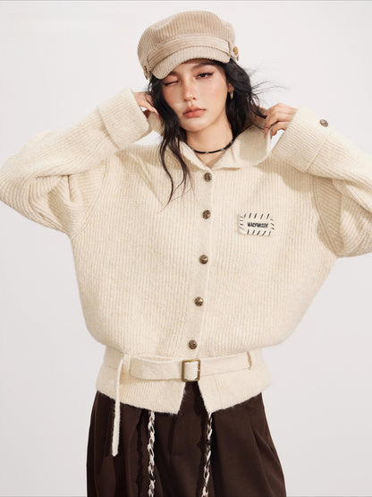 Collared Belted Knit Cardigan