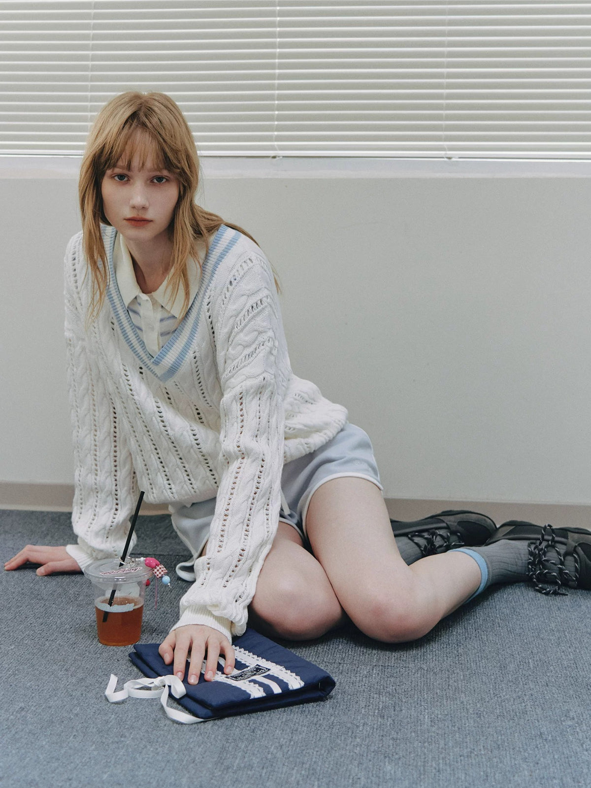 College Contrast V-Neck Knit Sweater