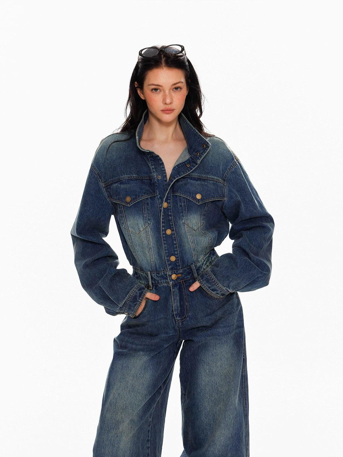 Vintage Washed Denim Wide Leg Jumpsuit