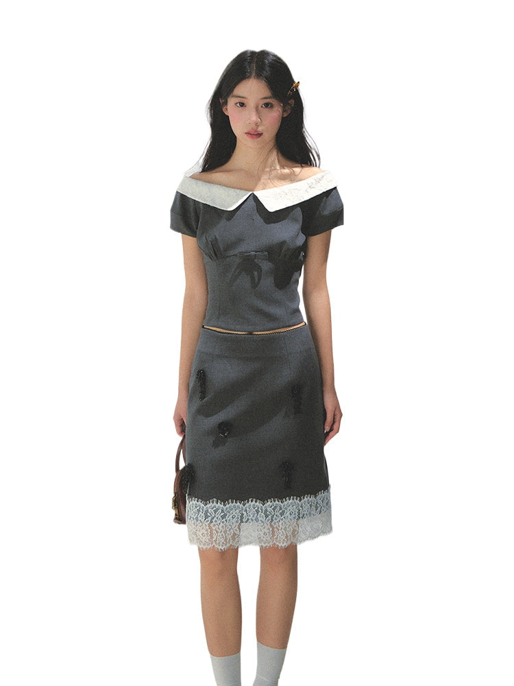 Dark Gray Princess Sleeve Top & skirt set
