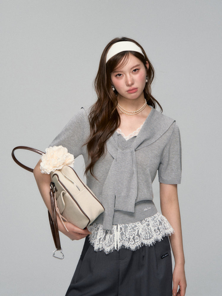Lace Spliced V-Neck Knitted T-Shirt