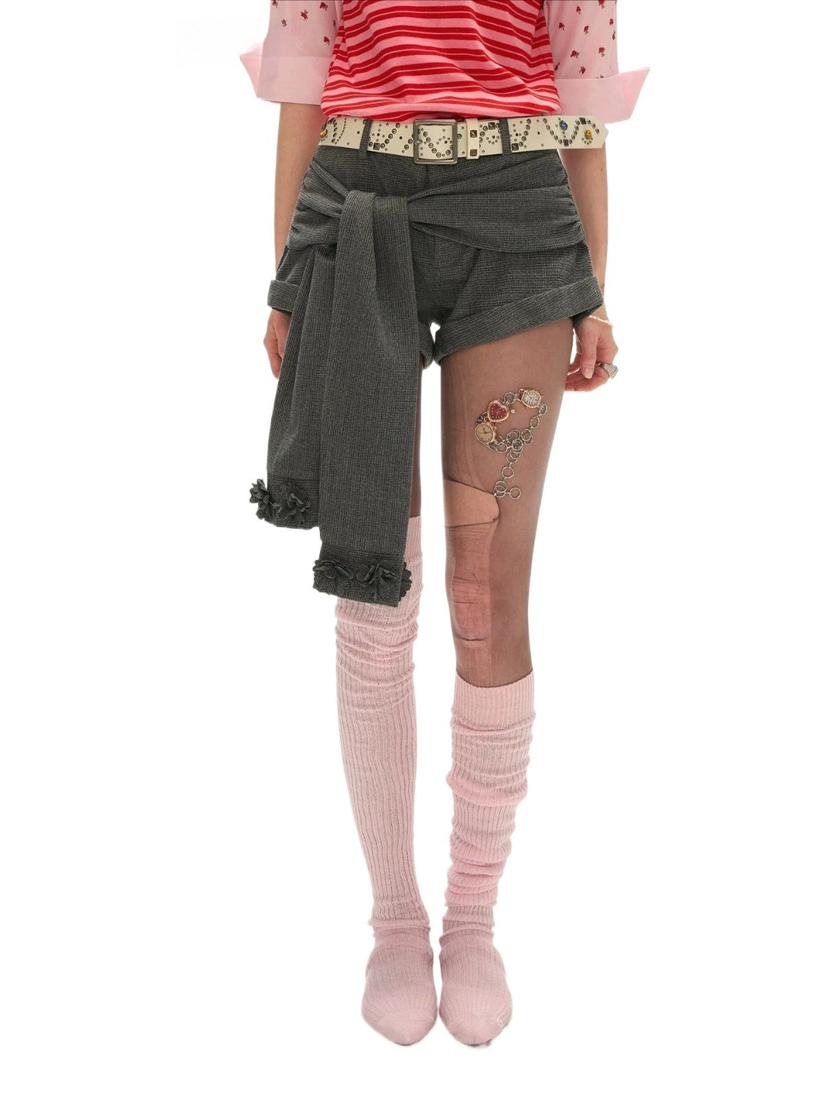 Asymmetric Tie Gray Mini Shorts