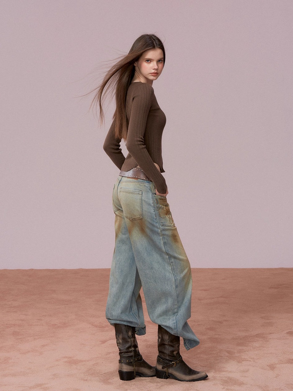 Ribbed Button Waist Knit T-shirt