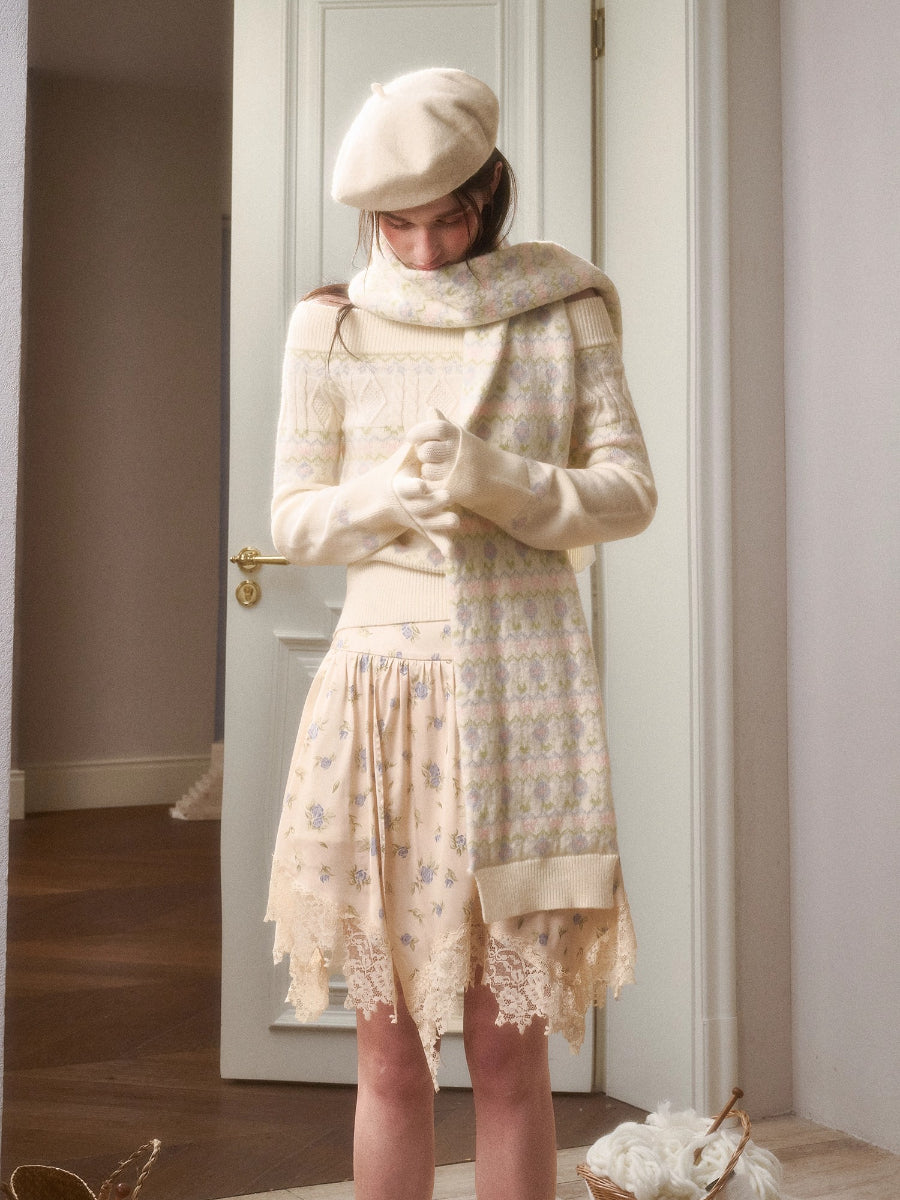 Cosagach Fair Isle Knit Crewneck &amp; Floral Skirt Set