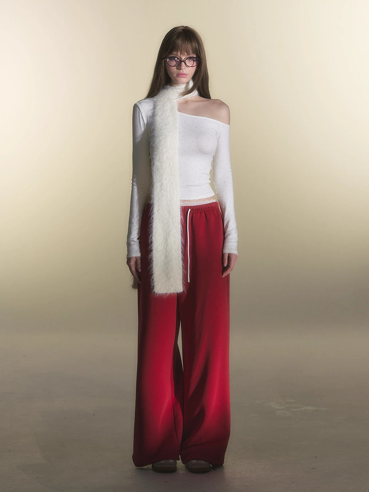 Red Lace Panel Fleece-Lined Sweatpants