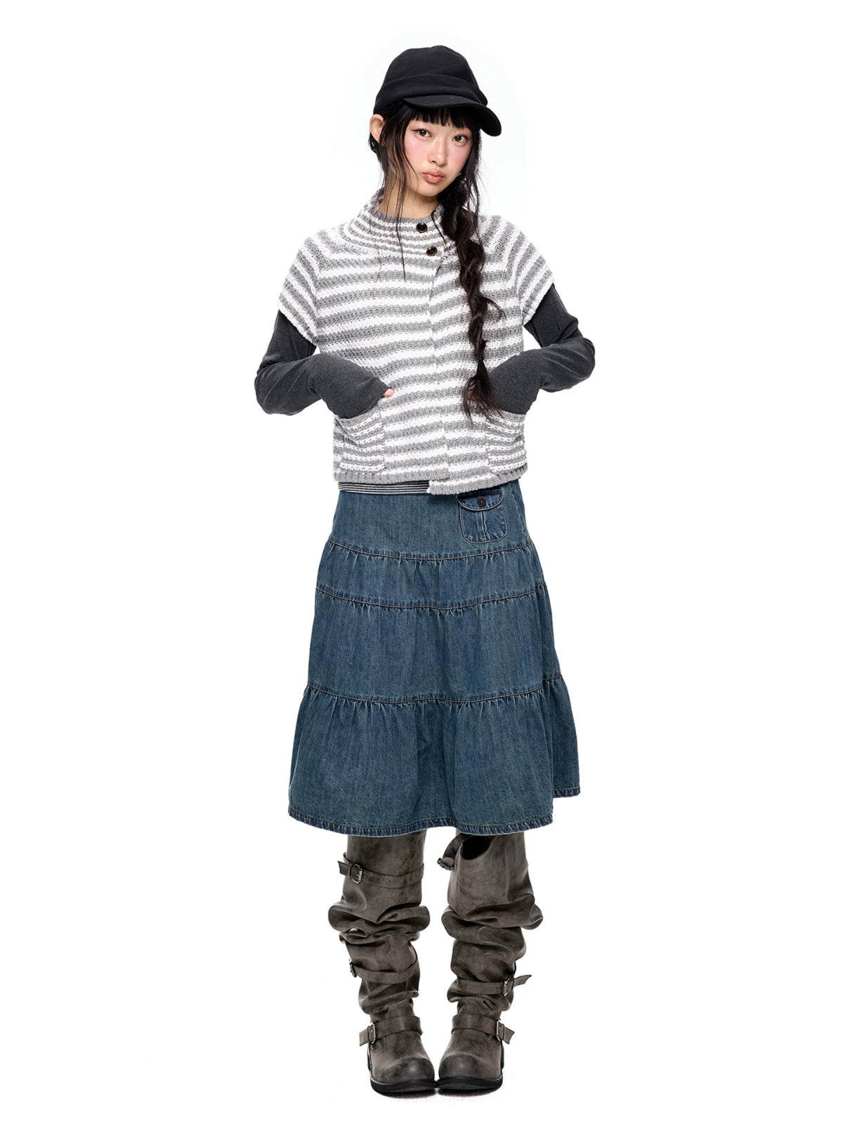 Striped Half Neck Button Knit Top