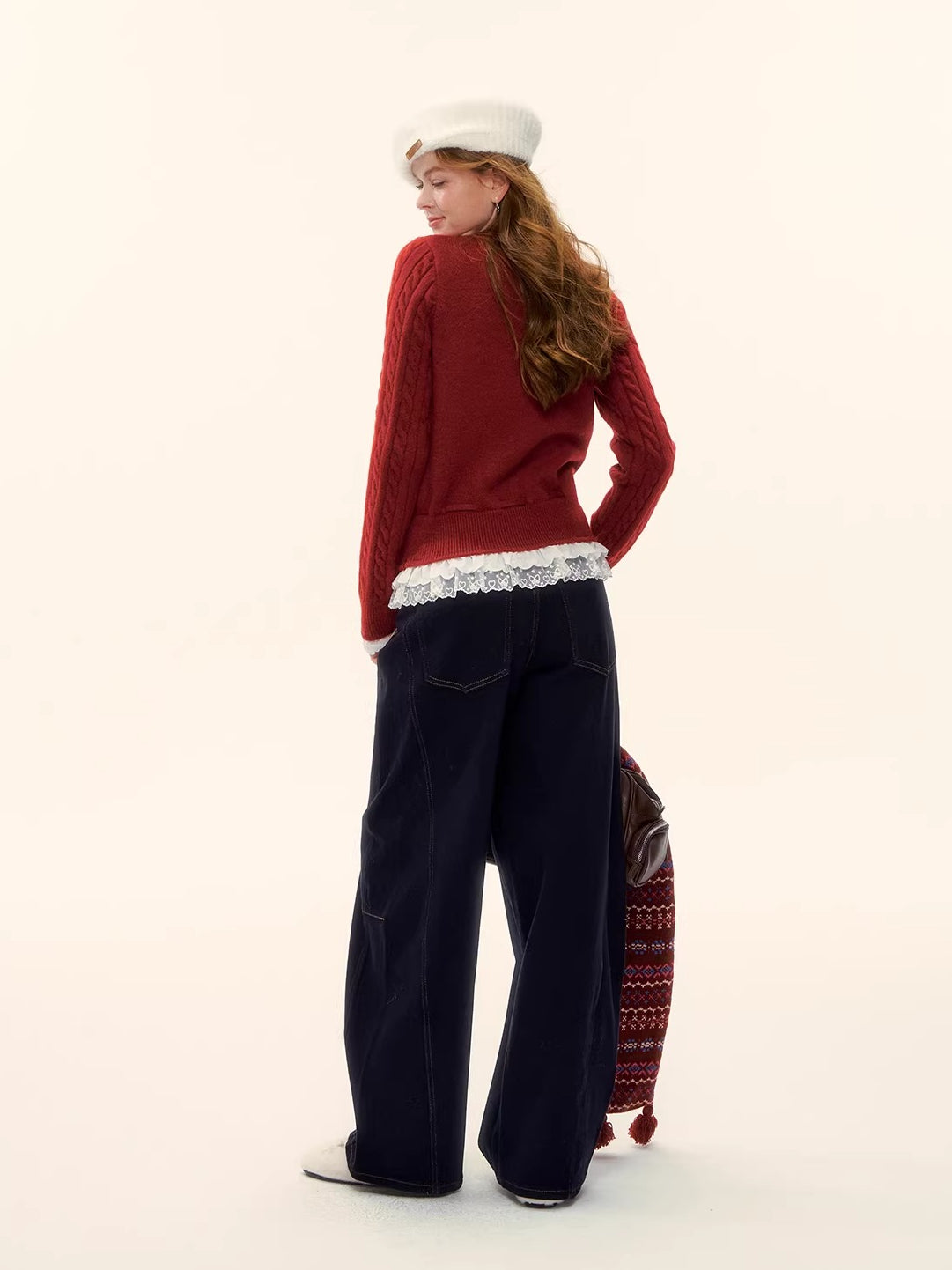 Cable Knit Lace Hem Drawstring Sweater