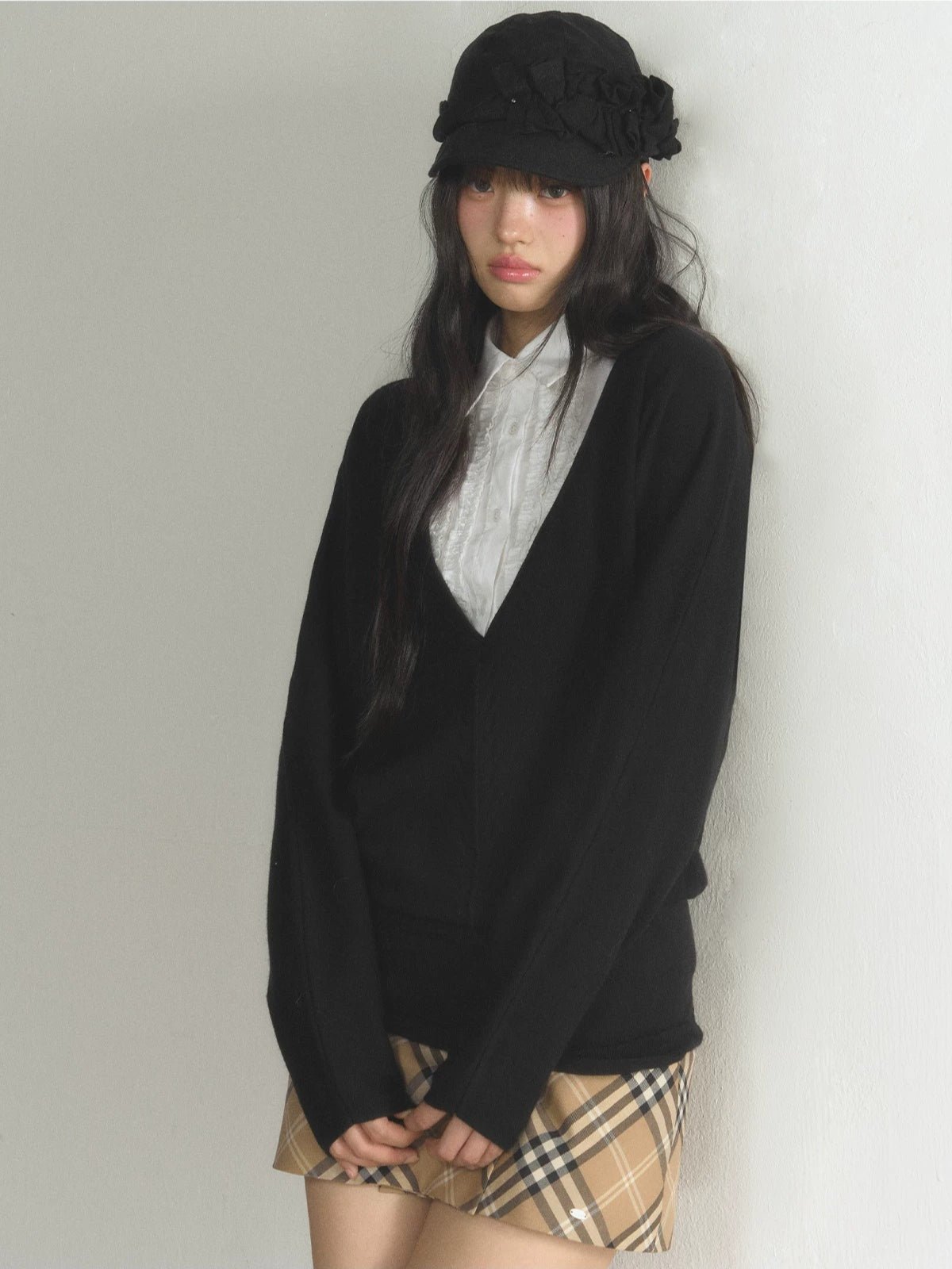 Deep V-Neck Knit Shirt Set