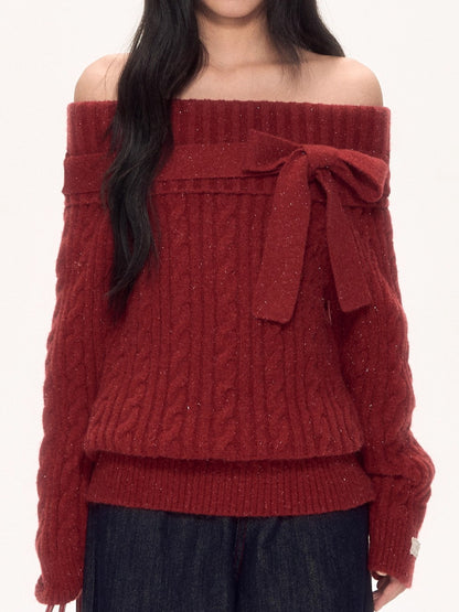 Red Off Shoulder Bow Knit Sweater