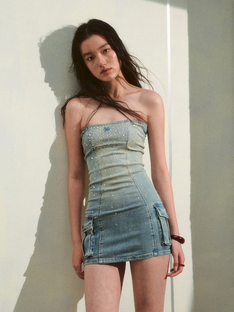 Jeans Waist-Cinching Rhinestone Strapless Dress