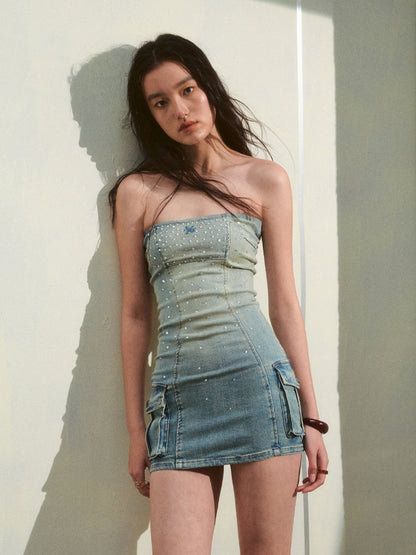 Jeans Waist-Cinching Rhinestone Strapless Dress