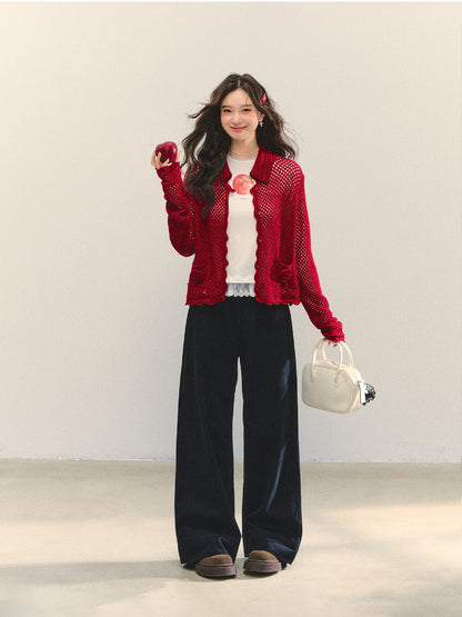 Hollow-out 3D Flower Crochet Lapel Cardigan