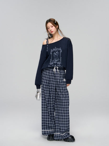 Navy Lace-Trim Plaid Pants