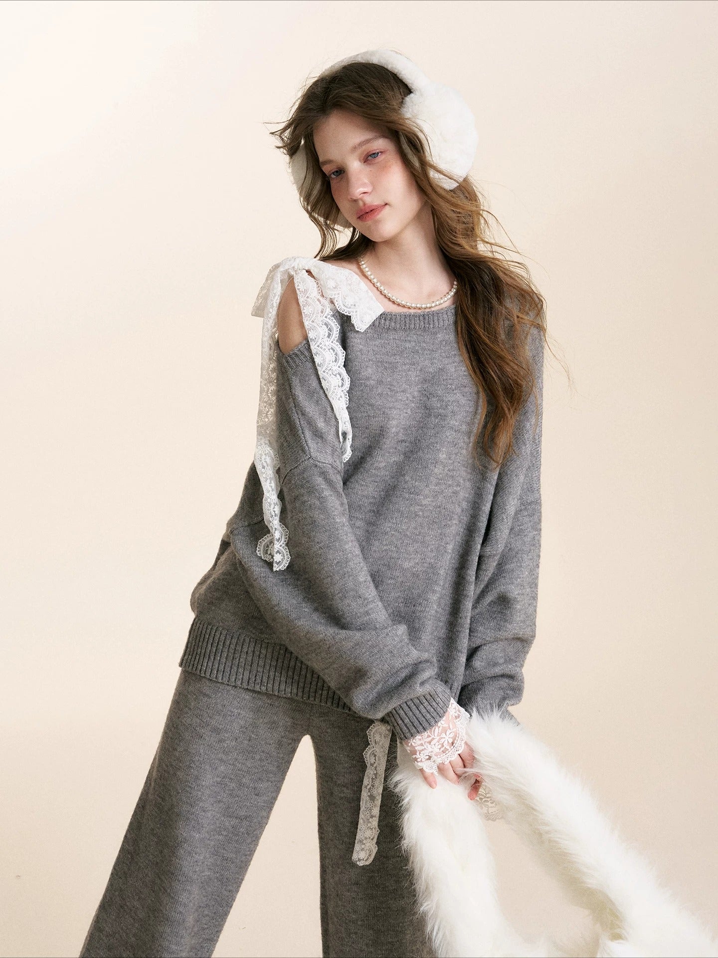 Gray &amp; Apricot Lace-Tie Knit Set