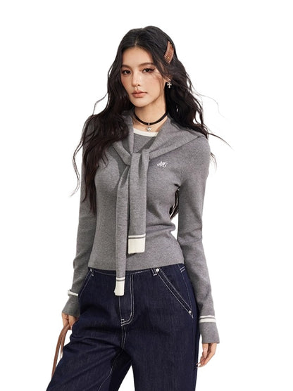 Gray &amp; Blue Shoulder Crewneck  Layer &amp; Cape Set