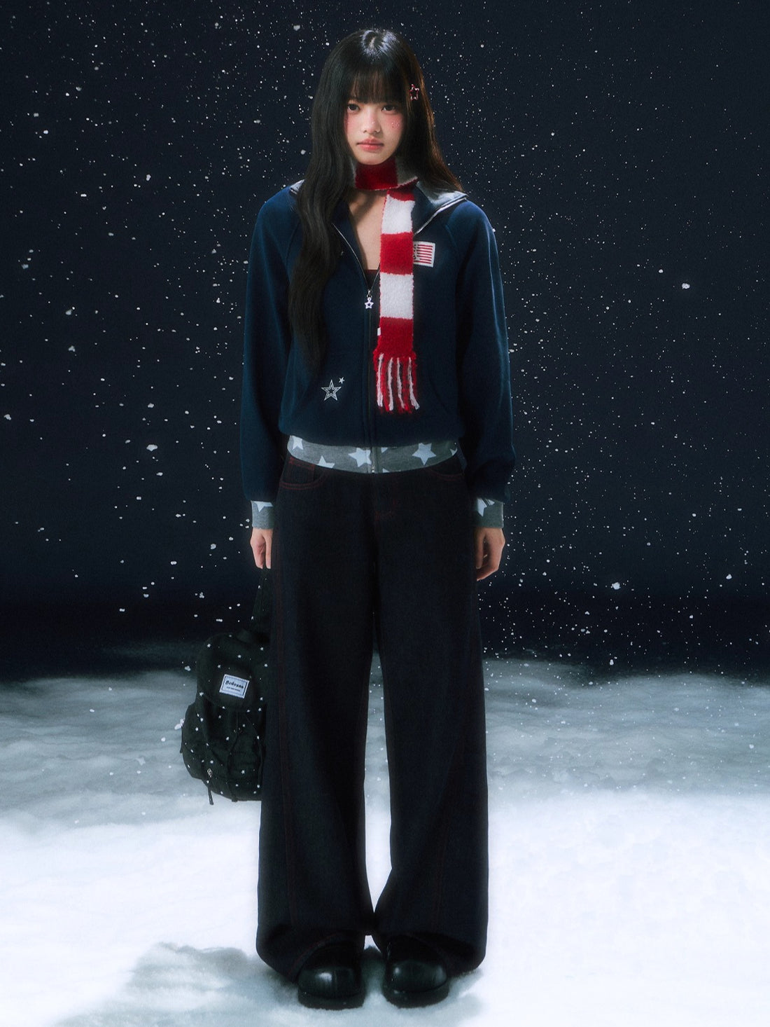 Contrast Stitch Embroidery Wide Pants