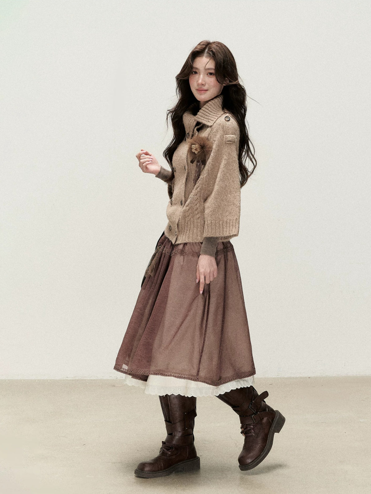 Vintage Cocoa Lace Layered Midi Skirt