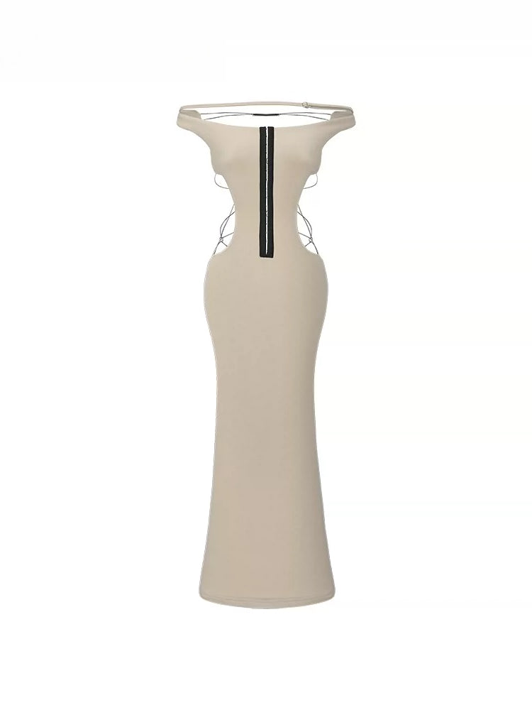 Khaki Lace-Up Halter Mermaid Dress