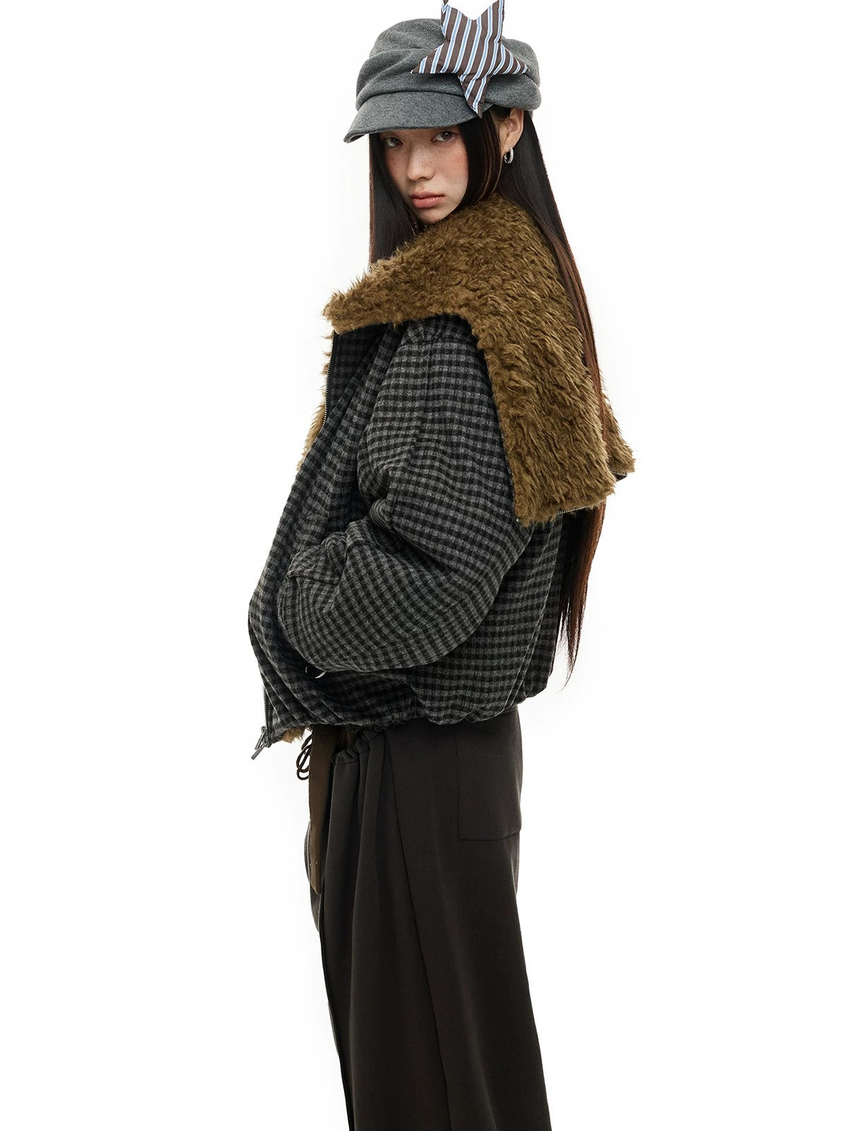 Plaid Wool Hooded Puffer Jacket